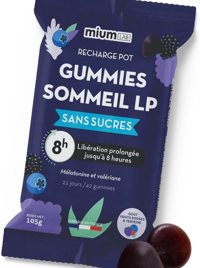 Mium Lab - Sonno brevettato a rilascio prolungato di 8 ore - Anti-risvegli notturni e sonno - Melatonina brevettata - Ricarica ecologica da 42 caramelle gommose - Caramelle gommose senza zucchero - Prodotto in Francia