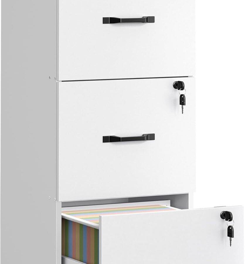 Mobile da ufficio VASAGLE, unità di archiviazione, supporto per stampante, con 3 cassetti con serratura, aste regolabili, compatibile con formato A4, bianco nuvola OFC055W14
