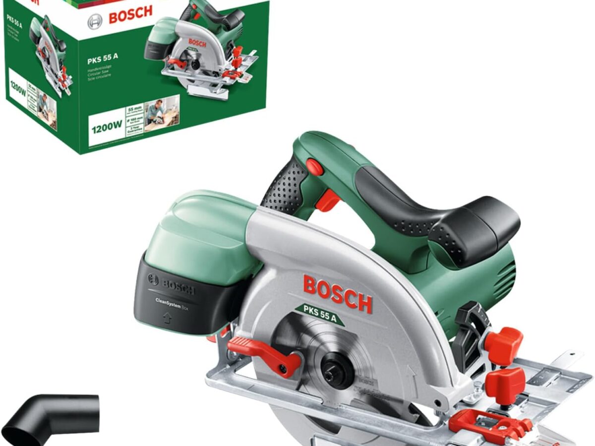 Sega circolare Bosch per casa e giardino - PKS 55A (1200W, fornita con lama per legno, fermo parallelo, imballaggio in cartone) Verde 25 cm