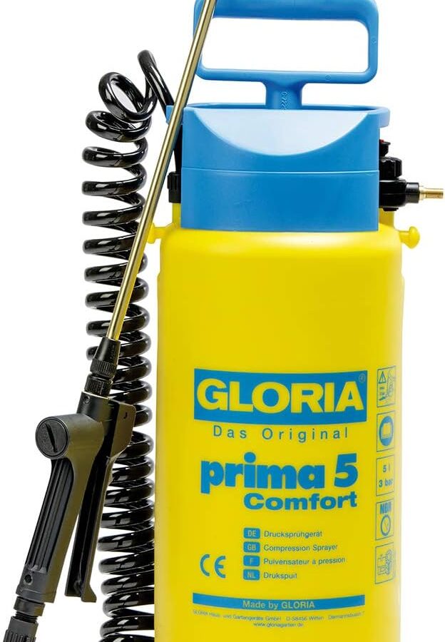 GLORIA Prima 5 Comfort Spruzzatore da giardino | Spruzzatore a pressione da 5 litri | Tubo a spirale da 2,5 m e attacco per compressore | Controllo delle erbacce, trattamenti e fertilizzanti