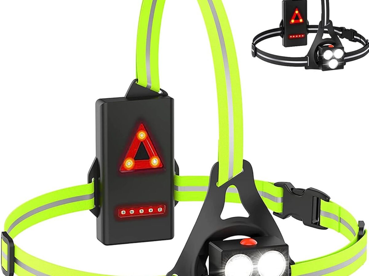 Faro da corsa, lampada da petto a LED regolabile a 120°, ricaricabile tramite USB, 500 lumen, impermeabile con doppie strisce riflettenti.