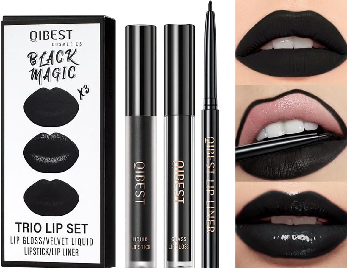 Set di 3 rossetti neri opachi, matita labbra e lucidalabbra, set labbra impermeabile a lunga durata, idratante e vellutato, trucco labbra in un solo passaggio (12#)