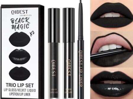 3pcs Black Matte Lipstick, Lip Liner, Lip Gloss Trio Lip Set Waterproof Long-Lasting Moisturizing Velvety Lip Stain One Step Lips Makeup Kits (12#)