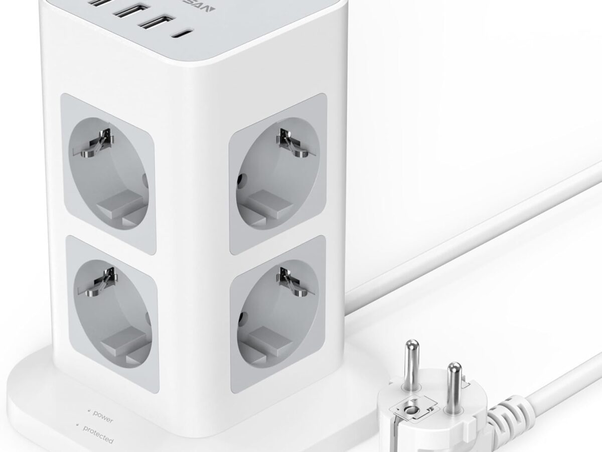 Multipresa TESSAN Tower con protezione da sovratensione e limitatore di sovratensione, 8 uscite CA con 4 USB, 3600 W, prese multiple con interruttore e prolunga elettrica da 2 metri, adatta per casa e ufficio, colore grigio.