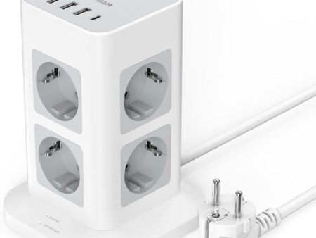 TESSAN Tower Power Strip Surge Arrester and Surge Protector 8 Output AC with 4 USB, 3600W Multiple Socket with Switch and 2 Metres Electric Extension Cord, Suitable for Home, Office, Grey