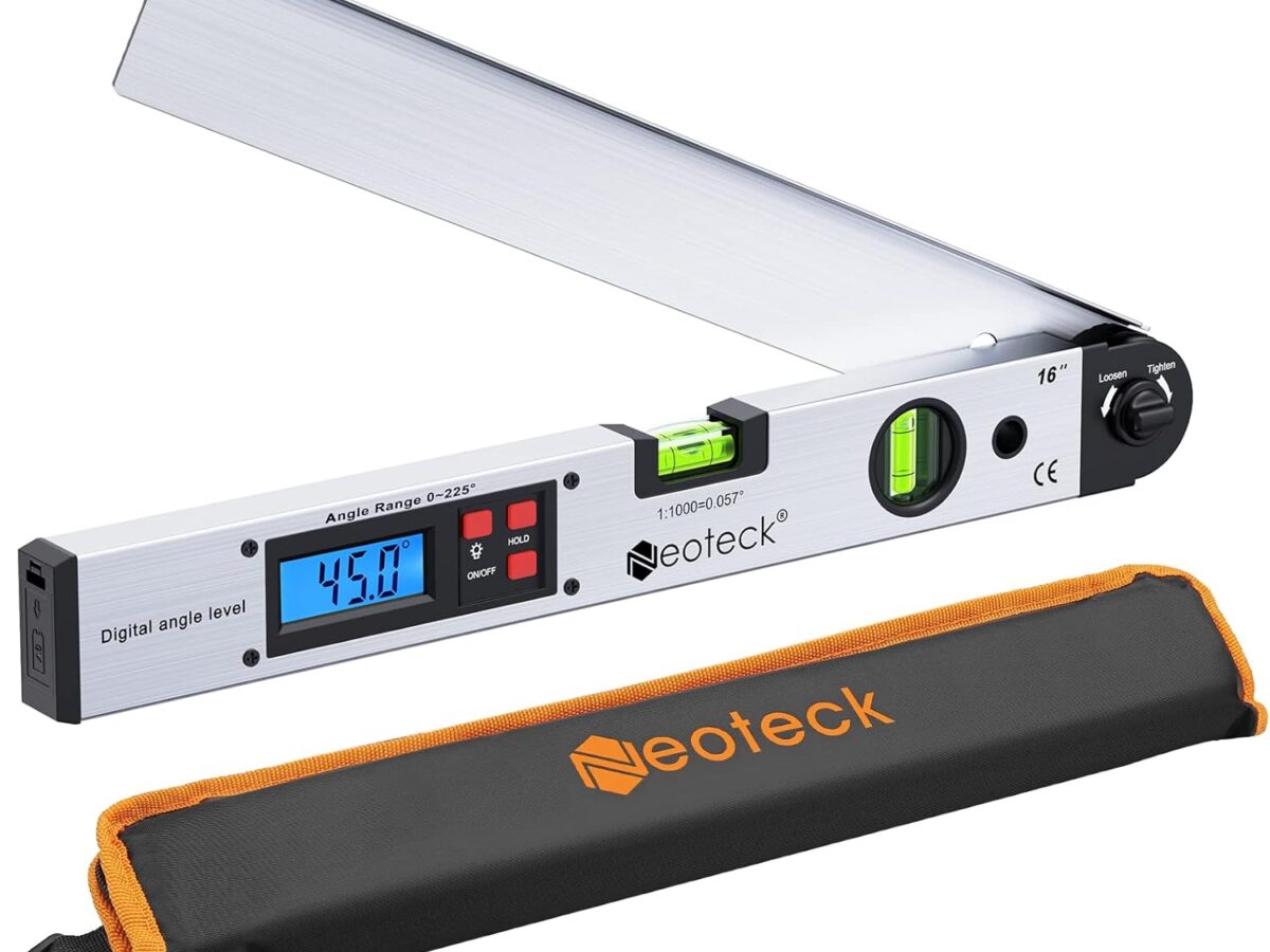 Goniometro digitale Neoteck da 400 mm/0~225° - Livella a bolla, righello angolare, display LCD retroilluminato, supporto, custodia e batteria - Strumento di misurazione preciso per falegnameria, coperture, edilizia