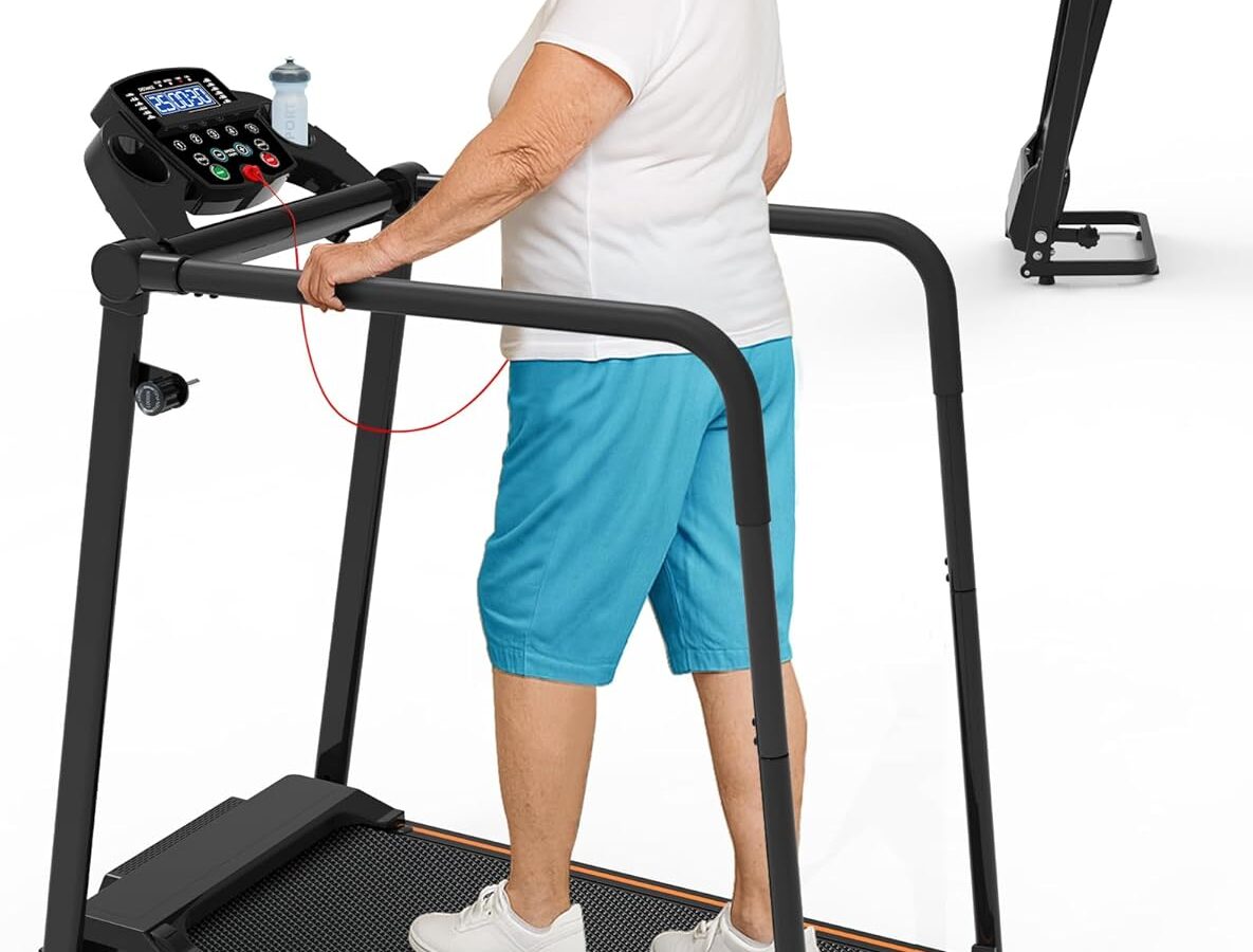 Tapis roulant CIIHI per anziani - Capacità di 136 kg - Tapis roulant pieghevole con lunghi corrimano - Macchina per camminare per anziani con telefono e