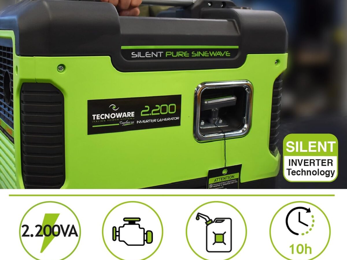 Tecnoware Power Systems - Generatore portatile 2200VA, Inverter silenzioso 58dB, Monofase 230V, Avviamento manuale, Controllo velocità Eco, 10 ore di autonomia, Giardinaggio, Fai da te, Campeggio, Eco, 2200VA