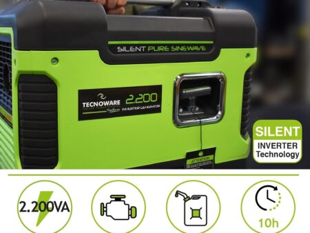 Tecnoware Power Systems - Portable Generator 2200VA, Silent Inverter 58dB, Single Phase 230V, Manual Start, Eco Speed Control, 10h Autonomy, Gardening, DIY, Camping, Green, 2200VA