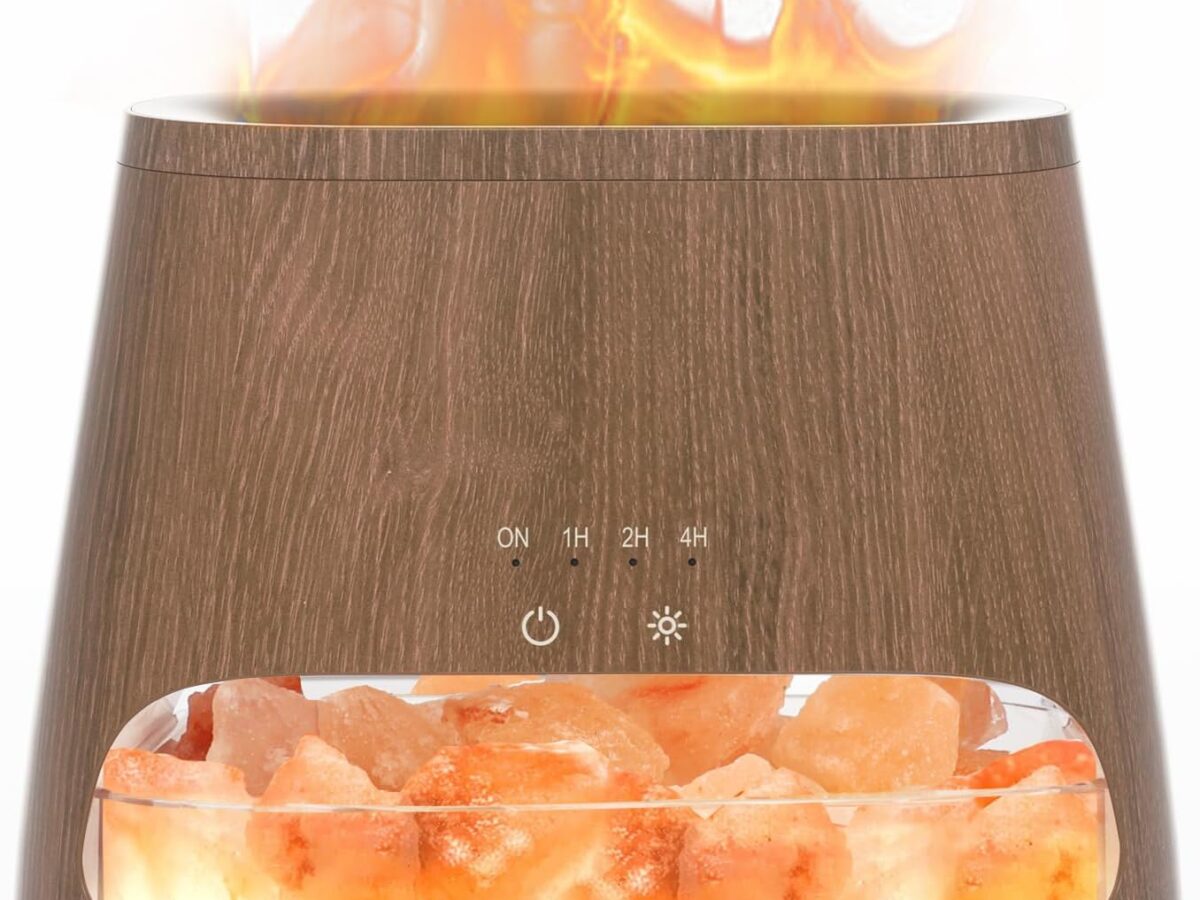 SALKING Diffusore di oli essenziali e lampada 2 in 1, diffusore di aromaterapia a ultrasuoni con luce effetto fiamma, umidificatore con 3 livelli di luminosità, sale himalayano puro al 100%, 150 ml