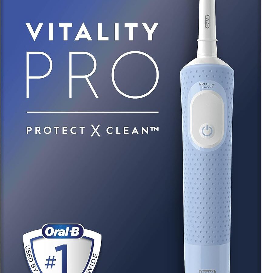 Spazzolino elettrico Oral-B Vitality Pro, blu, con 1 testina 2D per la pulizia, rimuove la placca dentale, 3 modalità di spazzolamento, timer, ricaricabile.