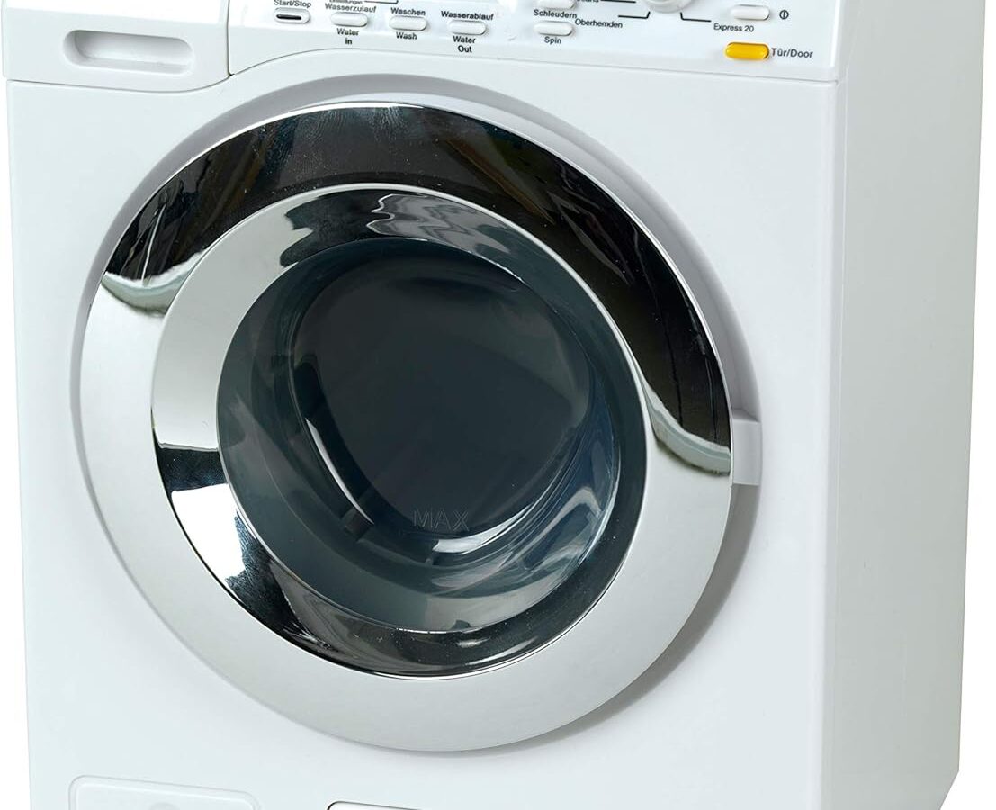 Lavatrice Miele Theo Klein 6941 | Quattro programmi di lavaggio con relativi effetti sonori | Funziona con o senza acqua | Dimensioni: 18,5 cm x 26 cm x 18 cm | Giocattolo per bambini dai 3 anni in su