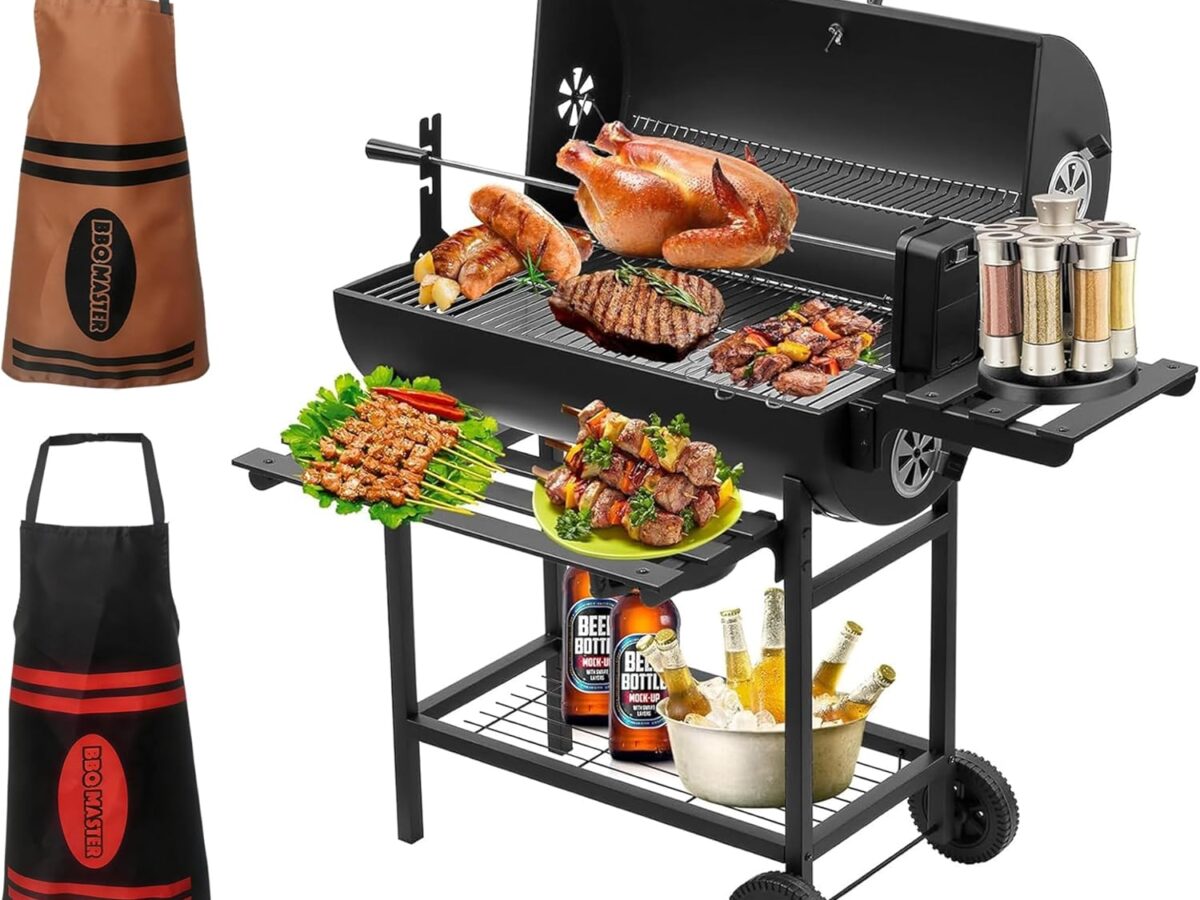 Barbecue a carbone TEENO con griglia di cottura XXL, guanti antiscottatura, termometro, cassetto cenere, ventilazione regolabile, barbecue a carbone di grandi dimensioni (con 2 grembiuli e griglia per pollo)