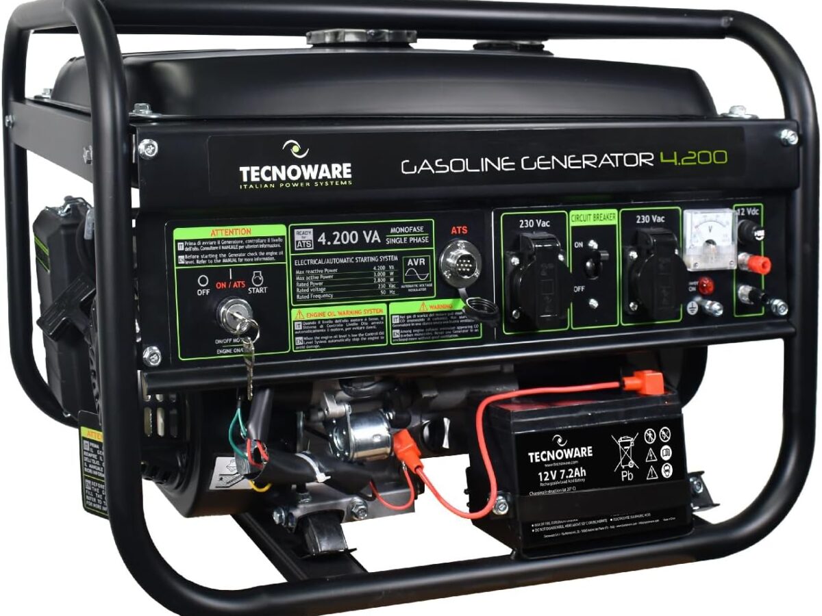 Generatore di corrente Tecnoware Power Systems da 4200 VA, motore a benzina a 4 tempi, avviamento elettrico e manuale, serbatoio da 15 litri, autonomia estesa, compatto e portatile, nero.