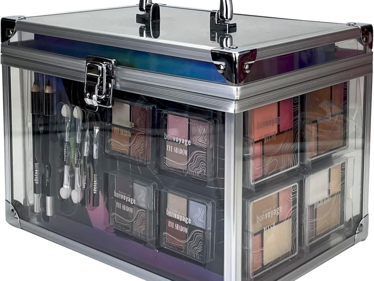 Bonvoyage, Set trucco da donna Colour Delights con rossetto, ombretto, fard, set per manicure e pedicure, custodia trasparente portatile e leggera.