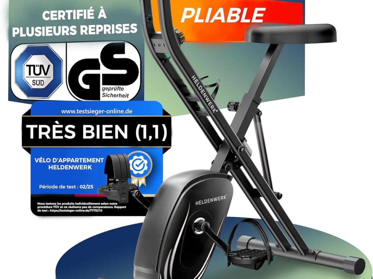 Set cyclette pieghevole 2025 – Silenziosa e confortevole [Sella comfort FlexiFoam] – Carico massimo 150 kg – Cyclette certificata TÜV GS – Cyclette pieghevole per uso domestico