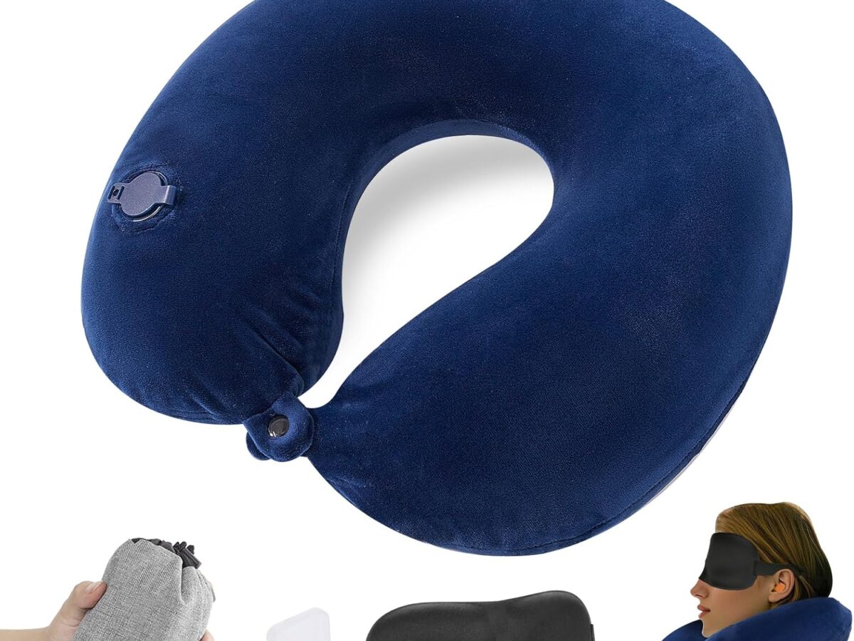 Cuscino da viaggio gonfiabile, cuscino da viaggio compatto con maschera per gli occhi e tappi per le orecchie, cuscino gonfiabile per aereo, treno, ufficio